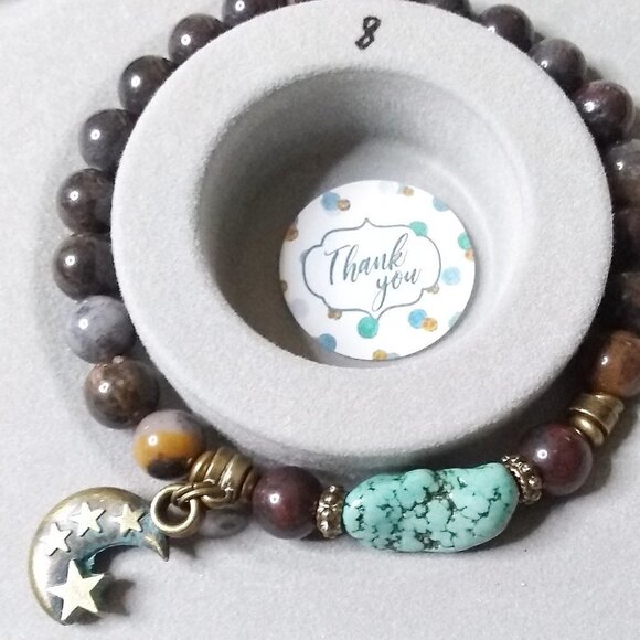 A Bit Hippie & A Bit Boho! Semi-Precious Stones Bracelet w. Moon Charm! 8" Wrist - Picture 7 of 13